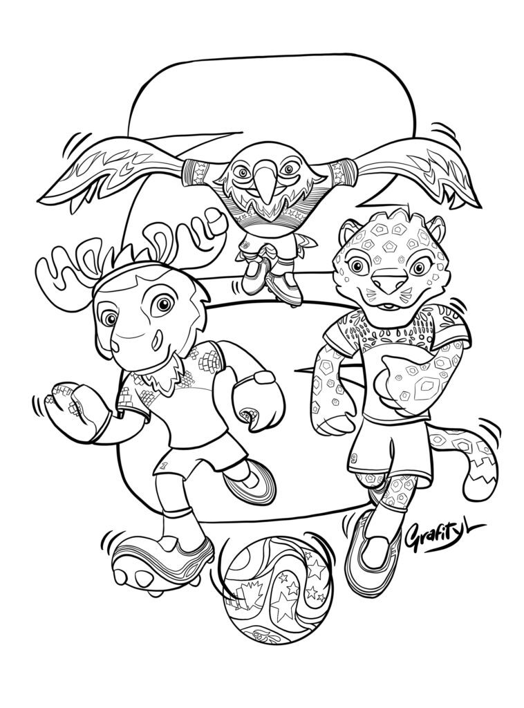 Printable coloring page illustration of the FIFA World Cup 2026 mascots for drawing and coloring practice.